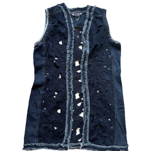 Womens Denim Crochet Denim Vest Open Sz Small Color Block Patchwork Long Tunic